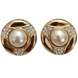 D.S.Co. Daniel Swarovski Clip Earrings Clear Crystal Gold Tone Faux Pearl Signed